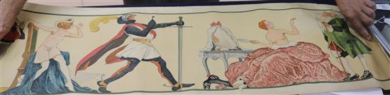 A set of four French semi-erotic poster prints, c.1920, 116 x 39cm